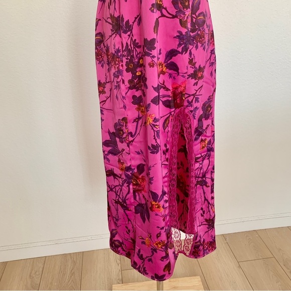 UO Purple Magenta Floral Tropical Print Satin Midi Side Slit Slip Dress - Picture 6 of 16